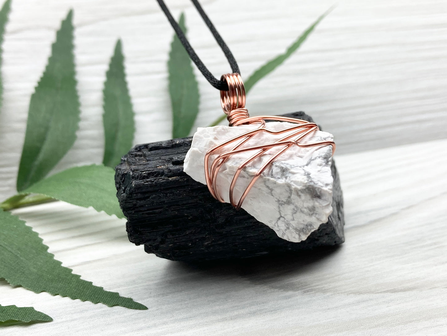 Raw Howlite Necklace. Raw White Crystal With Gray Marble Wrapped With Pure Copper Wire. Comes On A Black Chain. Metaphysical Jewelry For Him or Her. Gemini Zodiac Gift.
