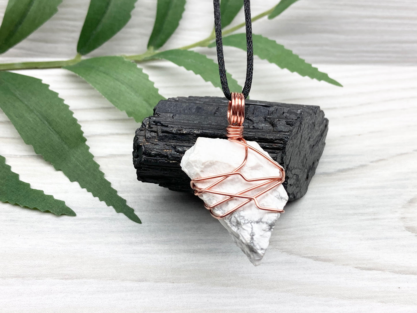 Raw Howlite Necklace. Raw White Crystal With Gray Marble Wrapped With Pure Copper Wire. Comes On A Black Chain. Metaphysical Jewelry For Him or Her. Gemini Zodiac Gift.