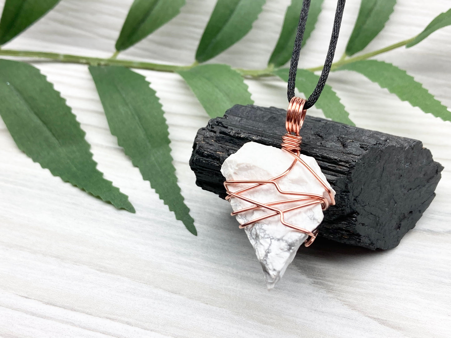 Raw Howlite Necklace. Raw White Crystal With Gray Marble Wrapped With Pure Copper Wire. Comes On A Black Chain. Metaphysical Jewelry For Him or Her. Gemini Zodiac Gift.