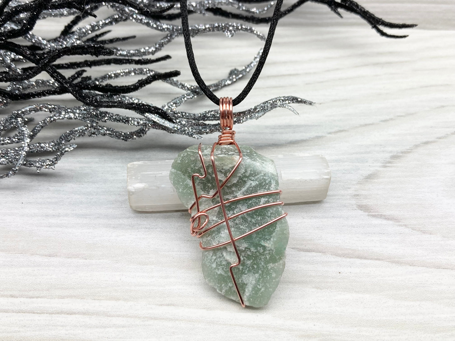Green Quartz Necklace. Raw Green Crystal Wrapped With Pure Copper Wire. Comes On A Black Chain. Unique Style Handmade Jewelry.