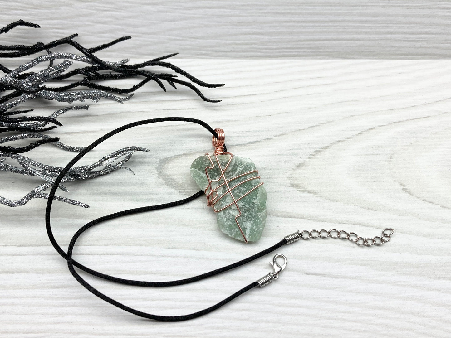 Green Quartz Necklace. Raw Green Crystal Wrapped With Pure Copper Wire. Comes On A Black Chain. Unique Style Handmade Jewelry.