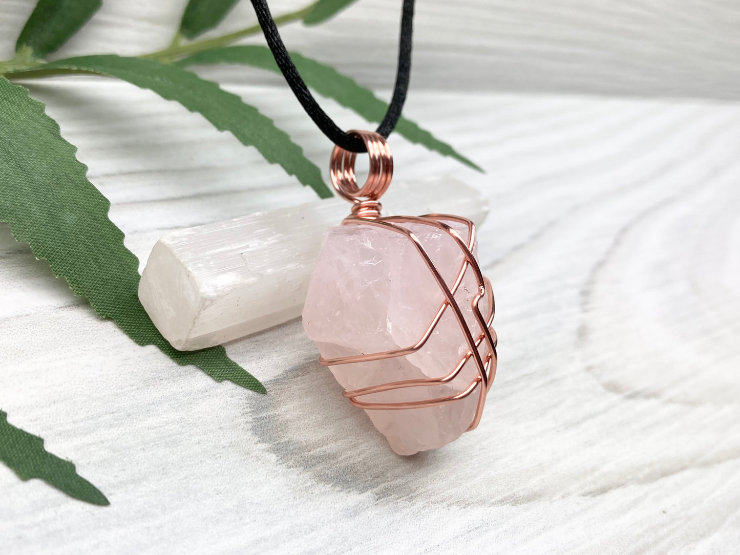 Raw Rose Quartz Necklace. Light Pink Crystal Wrapped With Copper Wire. Comes On A Black Chain. Capricorn Zodiac Stone Jewelry. New Age Boho Style.
