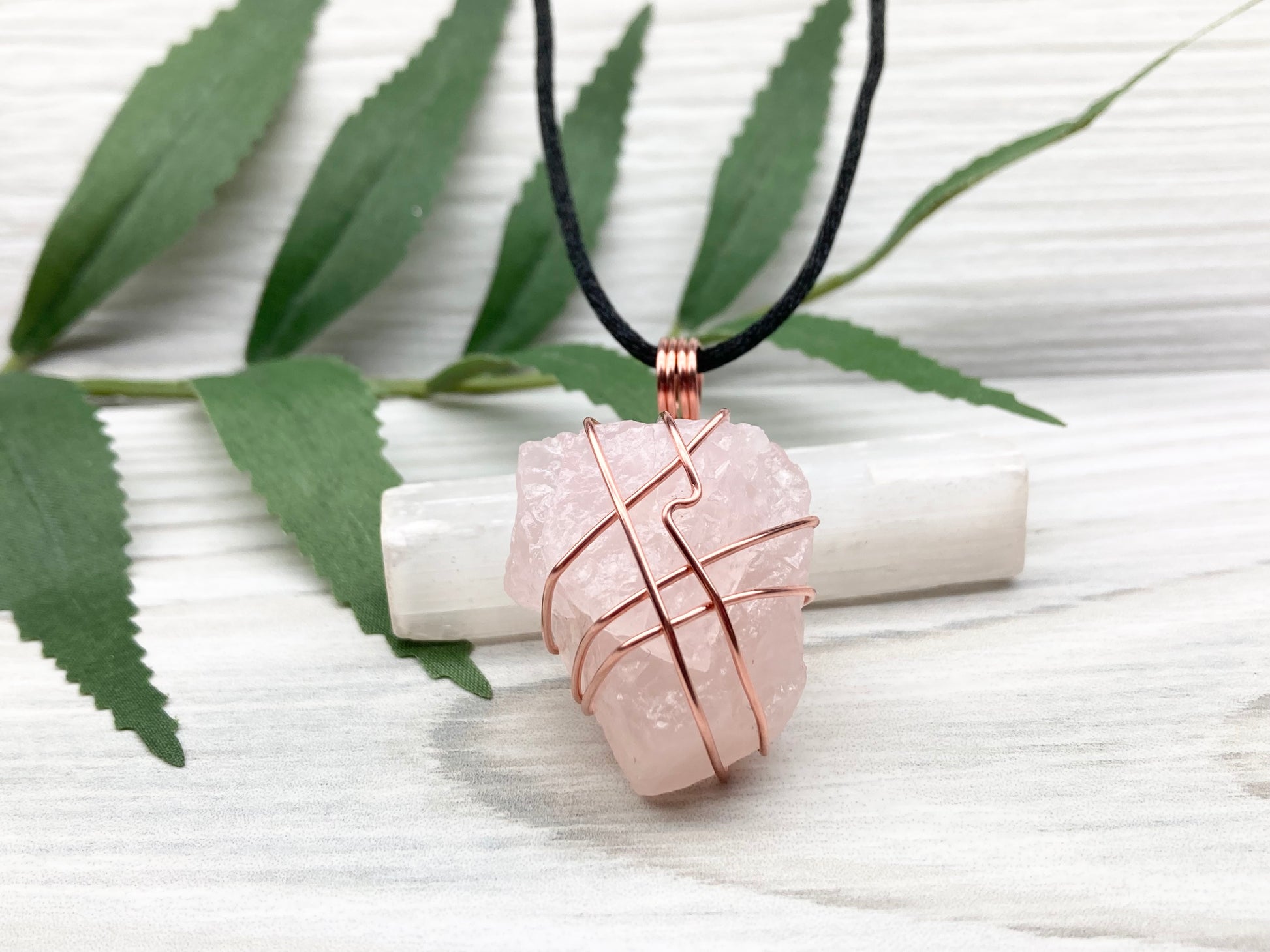 Raw Rose Quartz Necklace. Light Pink Crystal Wrapped With Copper Wire. Comes On A Black Chain. Capricorn Zodiac Stone Jewelry. New Age Boho Style.