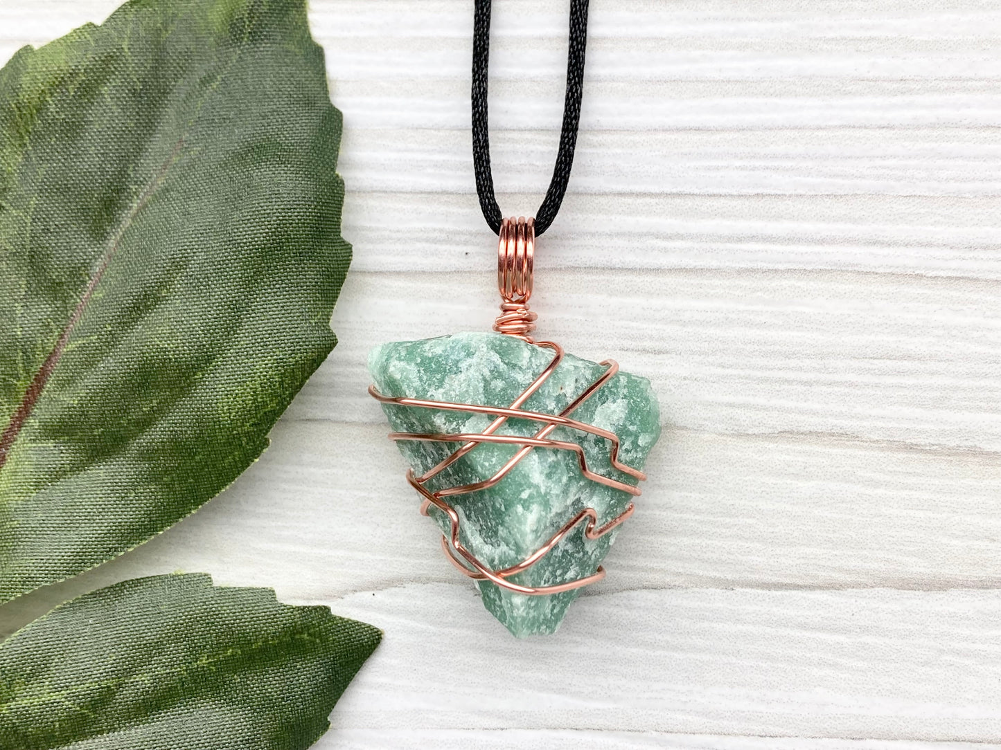Green Quartz Necklace. Raw Green Crystal Wrapped With Copper Wire. Comes On A Black Chain. Handmade Metaphysical Jewelry For Him Or Her. 