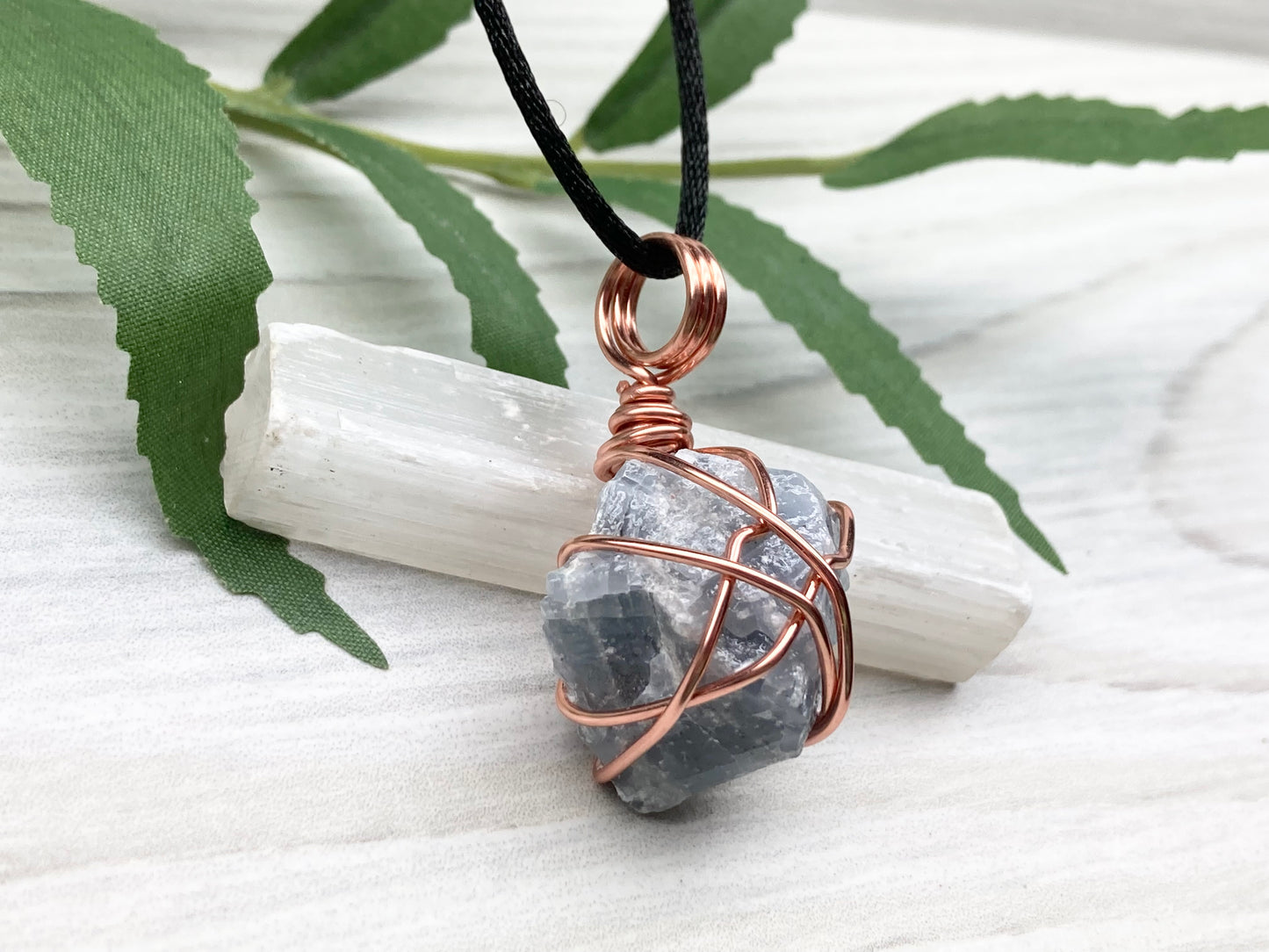 Blue Calcite Necklace. Copper Wire Wrapped Raw Crystal Pendant. Handmade New Age Jewelry. Comes On A Black Chain. Wiccan Pagan Style Jewelry.