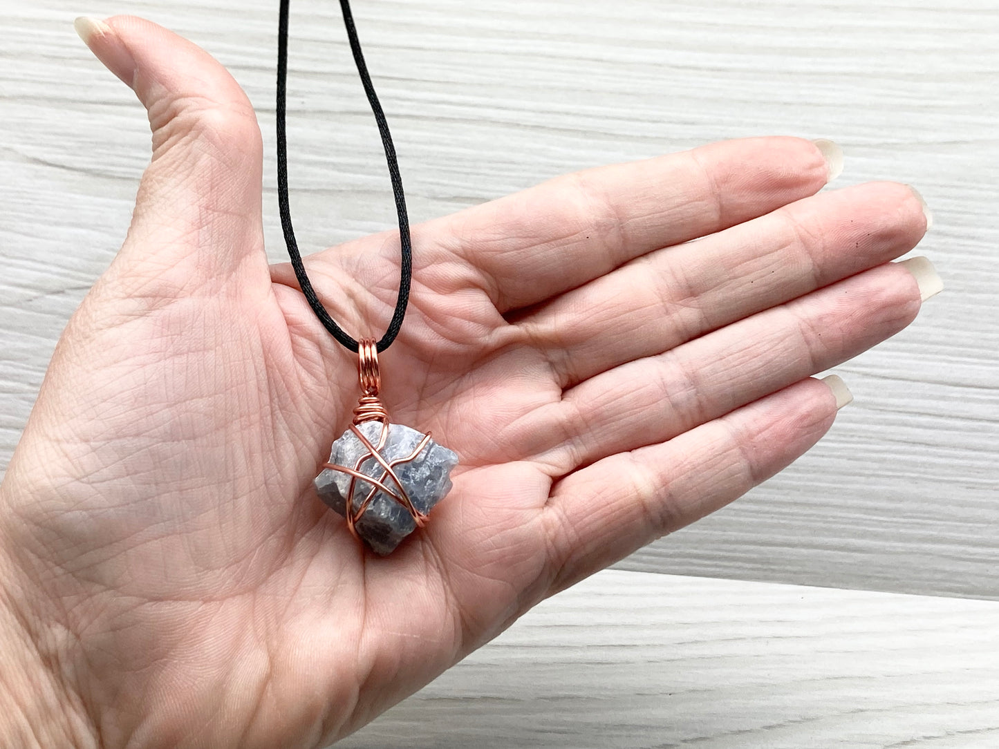 Blue Calcite Necklace. Copper Wire Wrapped Raw Crystal Pendant. Handmade New Age Jewelry. Comes On A Black Chain. Wiccan Pagan Style Jewelry.