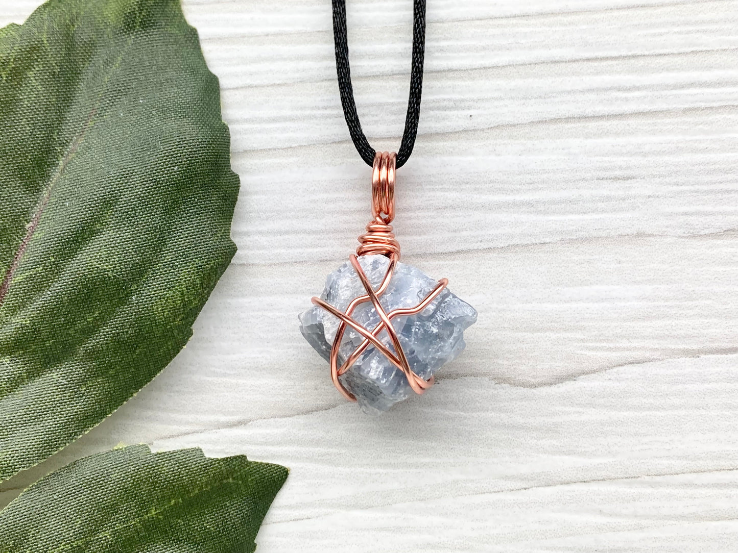 Blue Calcite Necklace. Copper Wire Wrapped Raw Crystal Pendant. Handmade New Age Jewelry.  Comes On A Black Chain. Wiccan Pagan Style Jewelry.
