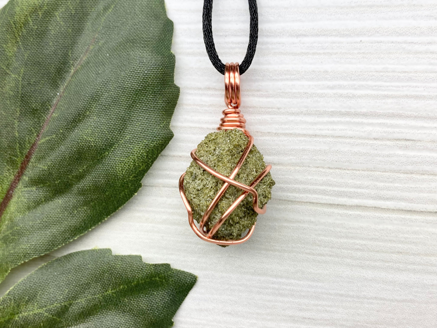Natural Epidote Necklace. Raw Epidote Crystal Wrapped With Tarnish Resistant Pure Copper. Green Stone Pendant. Comes On A Black Chain. New Age Jewelry.