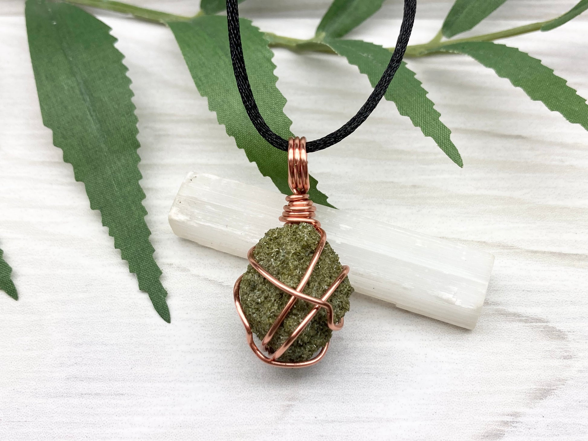 Natural Epidote Necklace. Raw Epidote Crystal Wrapped With Tarnish Resistant Pure Copper. Green Stone Pendant. Comes On A Black Chain. New Age Jewelry.