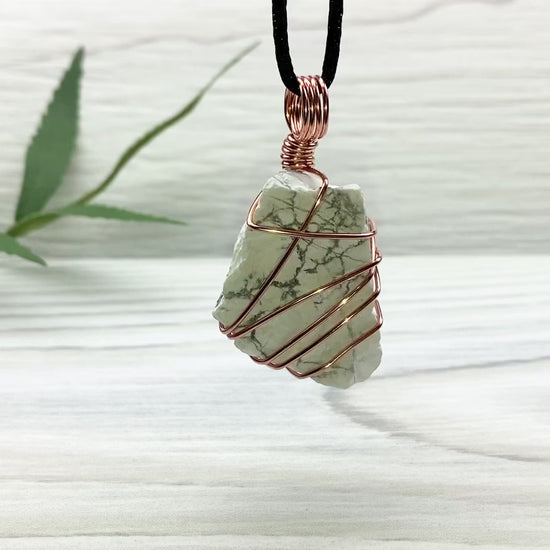 Raw Natural Howlite Necklace. White Crystal With Gray Marble Wrapped With Pure Copper Wire. Comes On A Black Chain. Metaphysical Boho Style Jewelry. Gemini Stone Pendant.
